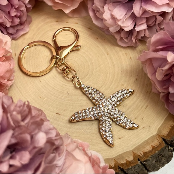 Gold and Silver Crystal Starfish Keychain Charm - Picture 7 of 13